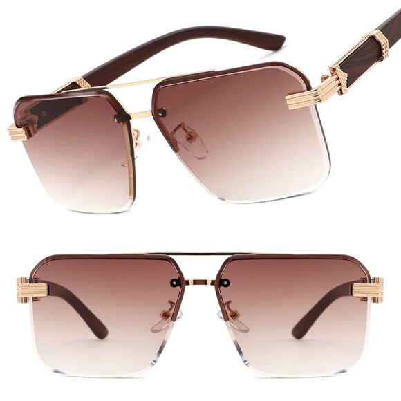 Unisex Square Sunglasses Gold & Brown Tinted Faux Wood Bling Rich Hip Hop - Picture 1 of 3